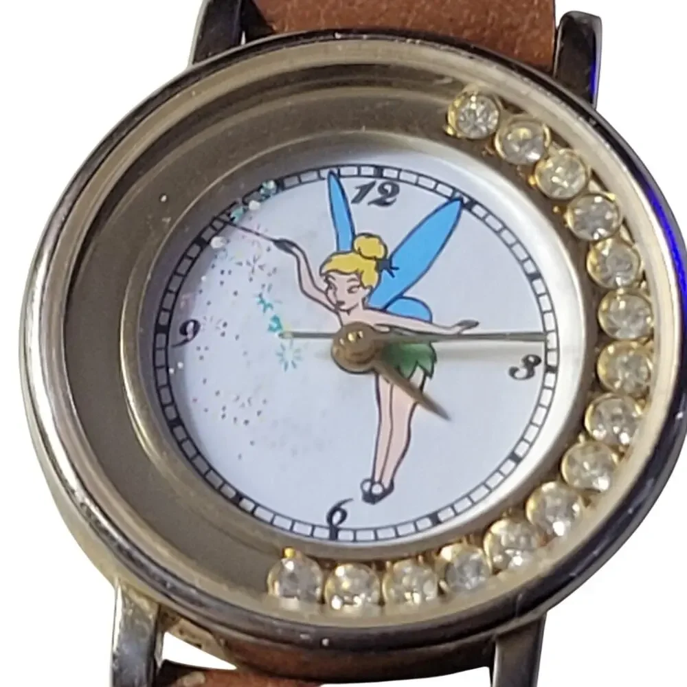 DISNEY Children's‎ Watch Tinker Bell Crystal Round Face Brown Band New Works